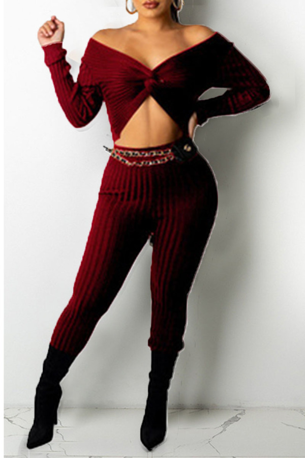Red Sexy Solid Split Joint Knotted V Neck Long Sleeve Two Pieces(Without Belt)