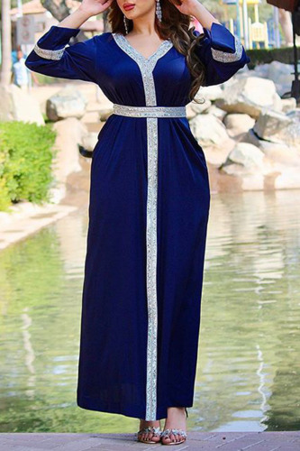 Royal Blue Casual Solid Patchwork Hot Drill V Neck Straight Dresses