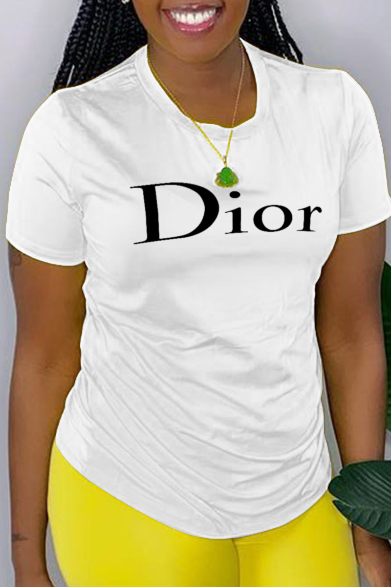 

White Casual basis Print Split Joint O Neck T-Shirts