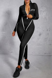 Black Casual Sportswear Print Basic Zipper Collar Skinny Jumpsuits