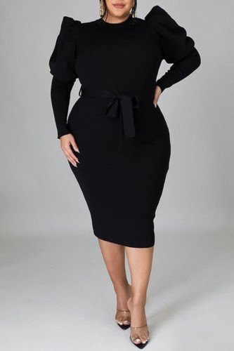 Black Fashion Casual Solid With Belt O Neck Long Sleeve Plus Size Dresses