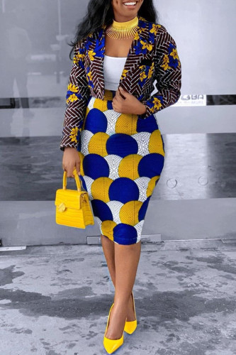 Multicolor Fashion Casual Print Cardigan Turndown Collar Long Sleeve Two Pieces