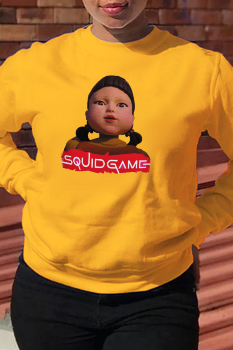 

Yellow Fashion Street Print Split Joint O Neck Tops (squid game)
