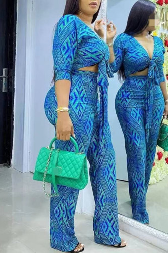 Blue Fashion Casual Print Bandage V Neck Long Sleeve Two Pieces