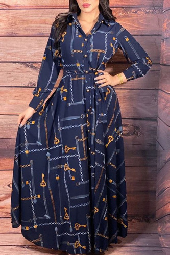 Blue Casual Print Patchwork Buckle Turndown Collar Shirt Dress Dresses