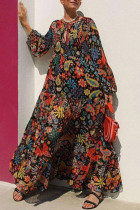 Multicolor Fashion Casual Print Bandage V Neck Long Sleeve Dresses