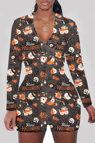 Dark Gray Halloween Pumpkin Bat Print Deep V Neck Long Sleeve Fall Winter Skinny Rompers