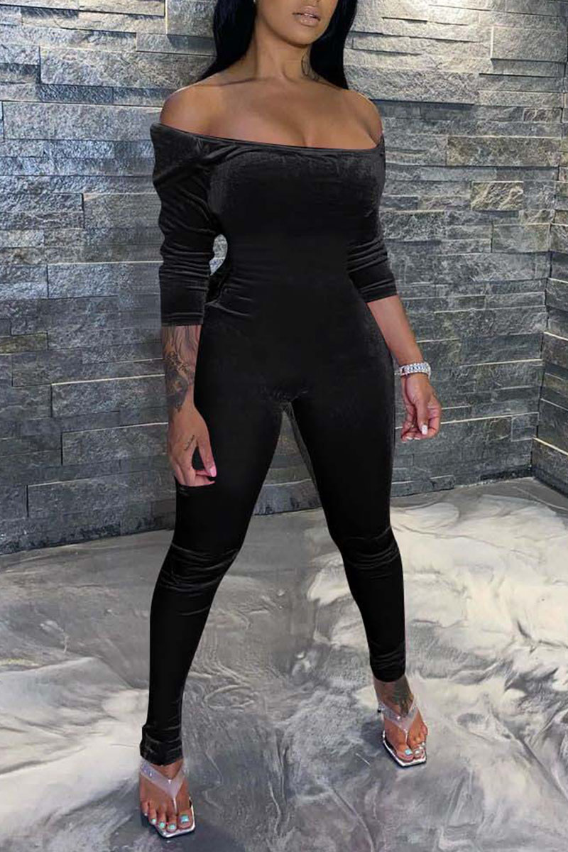 

Black Sexy Casual Solid Split Joint Off the Shoulder Regular Jumpsuits