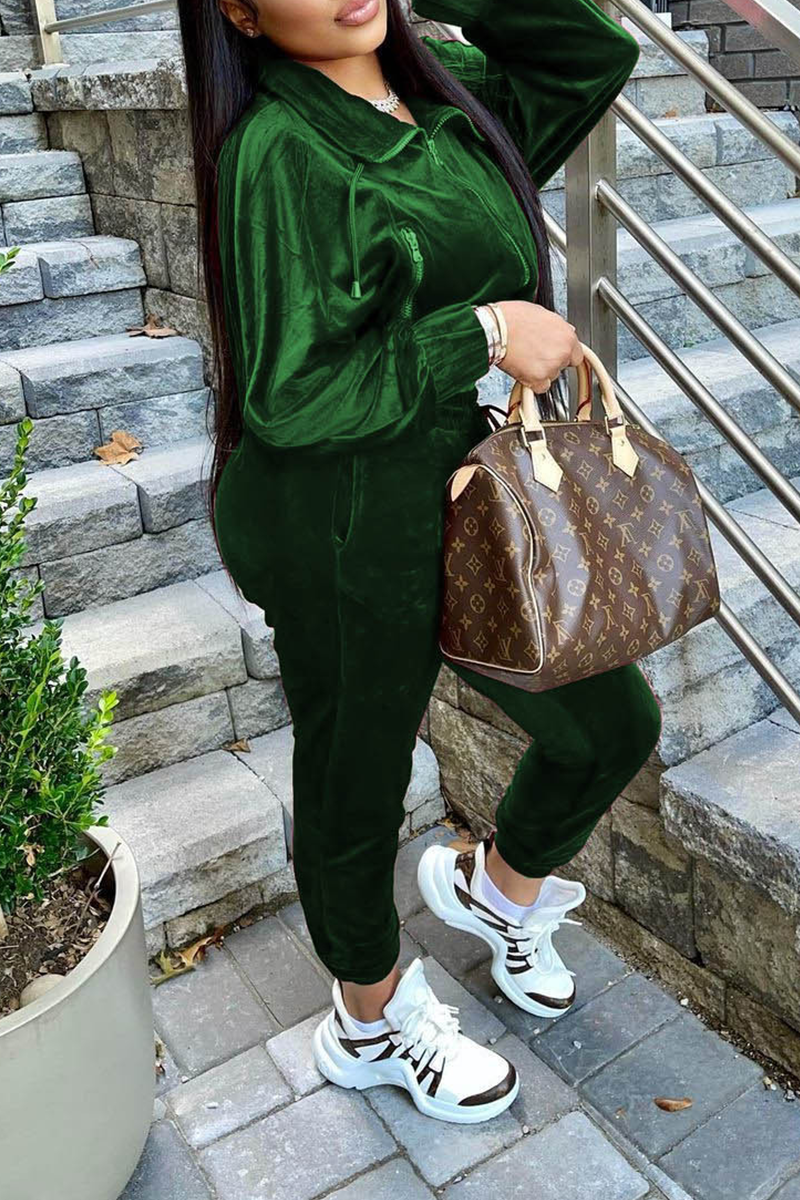 

Green Casual Solid Split Joint Turndown Collar Long Sleeve Two Pieces