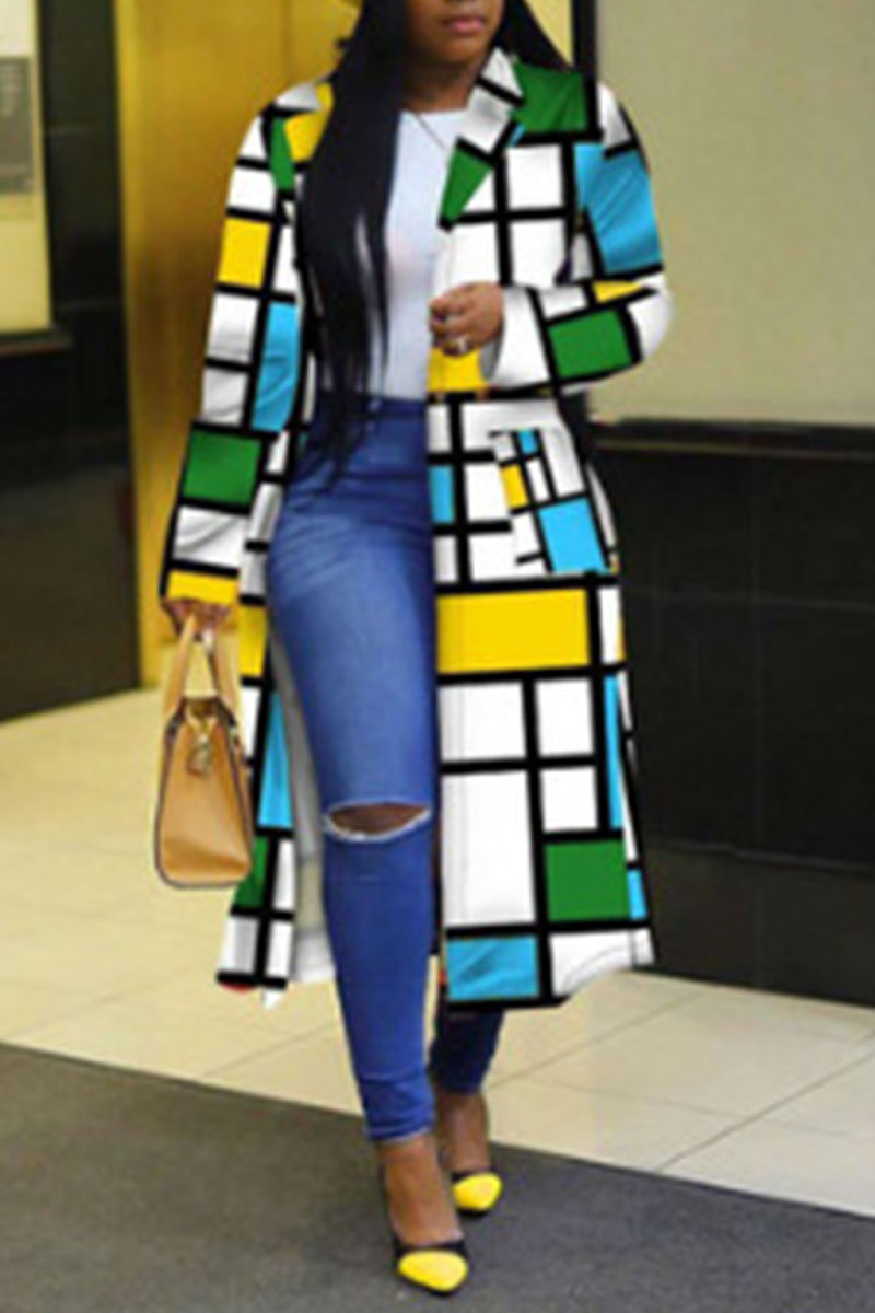 

Blue Casual Print Split Joint Buttons Turn-back Collar Plus Size Overcoat