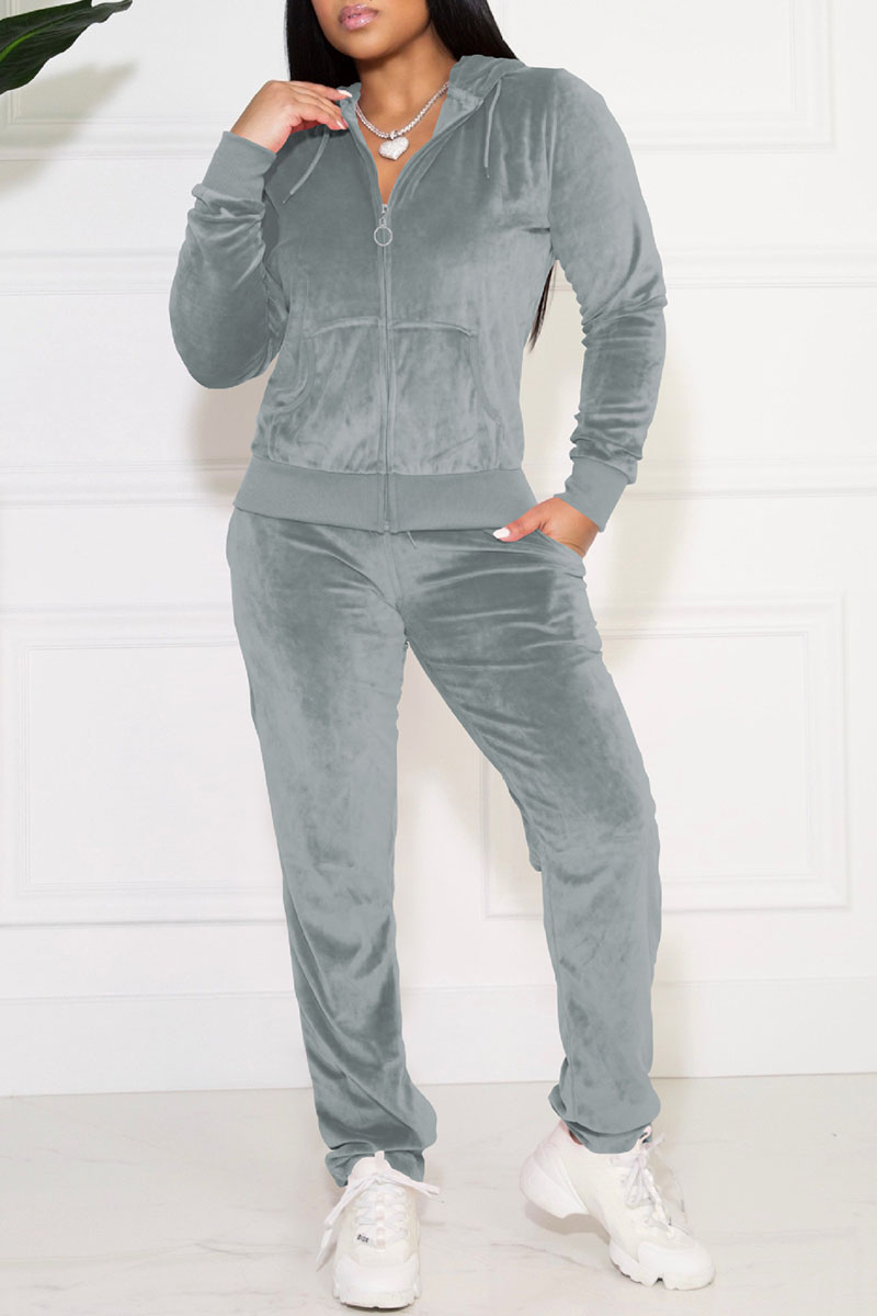 

Grey Casual Solid Pocket Hooded Collar Long Sleeve Two Pieces