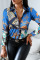 Blue Casual Print Patchwork Buckle Turndown Collar Tops