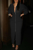 Black Fashion Casual Solid Patchwork Slit Zipper Turndown Collar Long Sleeve Dresses