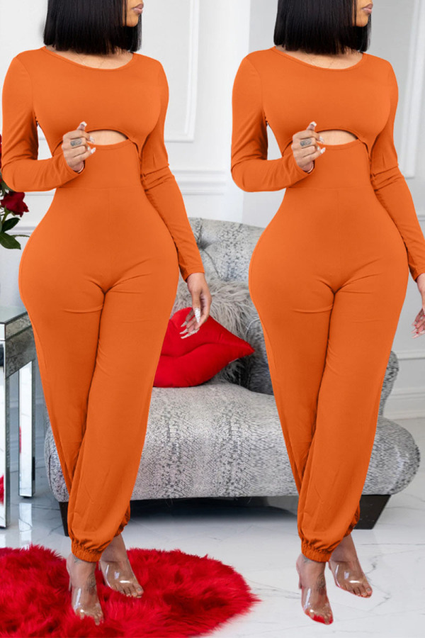 Orange Sexy Solid Hollowed Out Patchwork O Neck Straight Jumpsuits