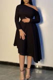 Black Casual Elegant Solid Patchwork Asymmetrical Oblique Collar A Line Dresses