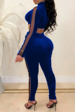 Royal Blue Fashion Sexy Patchwork Hollowed Out See-through Zipper Collar Long Sleeve Jumpsuits (Without Belt Bag)