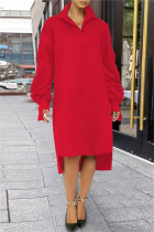 Red Fashion Casual Solid Slit Turndown Collar Long Sleeve Shirt Dress