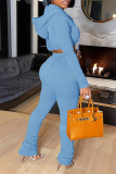 Light Blue Fashion Solid Fold Hooded Collar Long Sleeve Two Pieces