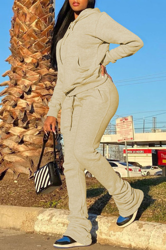 Khaki Casual Solid Patchwork Fold Hooded Collar Long Sleeve Two Pieces