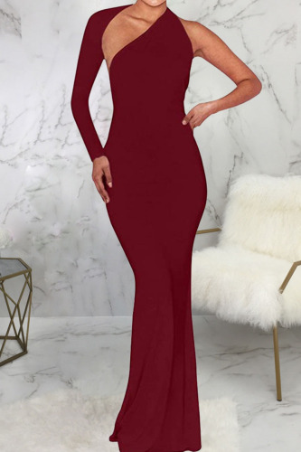 Burgundy Sexy Solid Patchwork Backless Asymmetrical Halter One Step Skirt Dresses