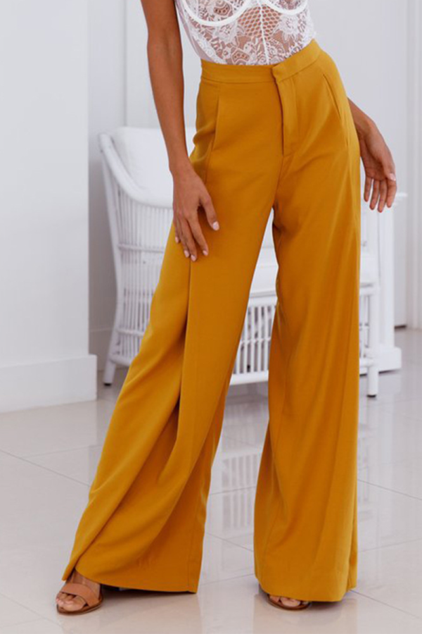 Yellow Casual Solid Patchwork Fold Straight Wide Leg Solid Color Bottoms