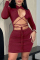 Burgundy Fashion Sexy Solid Hollowed Out O Neck Long Sleeve Dresses