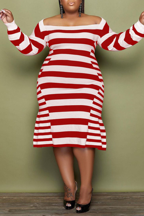Red Casual Elegant Striped Print Patchwork Off the Shoulder A Line Plus Size Dresses