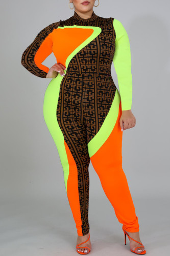 Colour Fashion Casual Print Patchwork Half A Turtleneck Plus Size Jumpsuits
