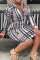 Grey Fashion Casual Plaid Print With Belt Zipper Collar Long Sleeve Plus Size Dresses