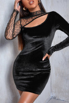 Black Fashion Sexy Patchwork Hollowed Out Half A Turtleneck Long Sleeve Dresses