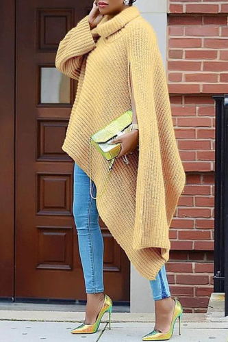 Khaki Fashion Casual Solid Slit Turtleneck Tops