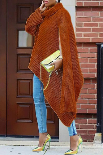 Brick Red Fashion Casual Solid Slit Turtleneck Tops