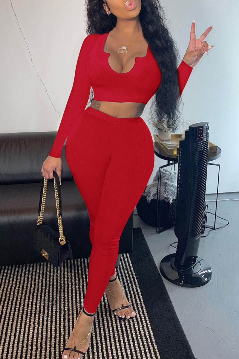 

Red Casual Solid Split Joint V Neck Long Sleeve Two Pieces