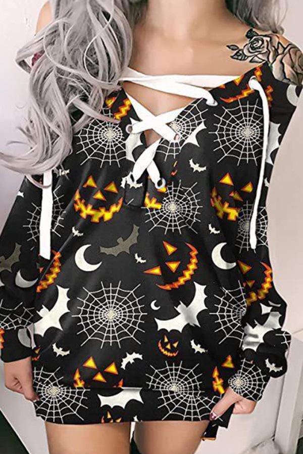 Black And White Fashion Casual Print Bandage V Neck Long Sleeve Dresses