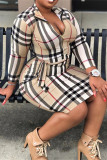 Pink Fashion Casual Plaid Print With Belt Zipper Collar Long Sleeve Plus Size Dresses
