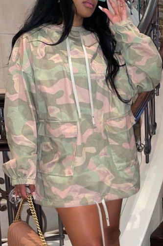 Camouflage Fashion Casual Camouflage Print Patchwork Pocket Hooded Collar Long Sleeve Dresses