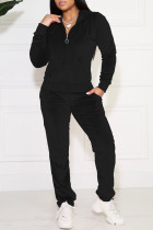 Black Casual Solid Pocket Hooded Collar Long Sleeve Two Pieces