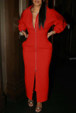 Red Fashion Casual Solid Patchwork Slit Zipper Turndown Collar Long Sleeve Dresses