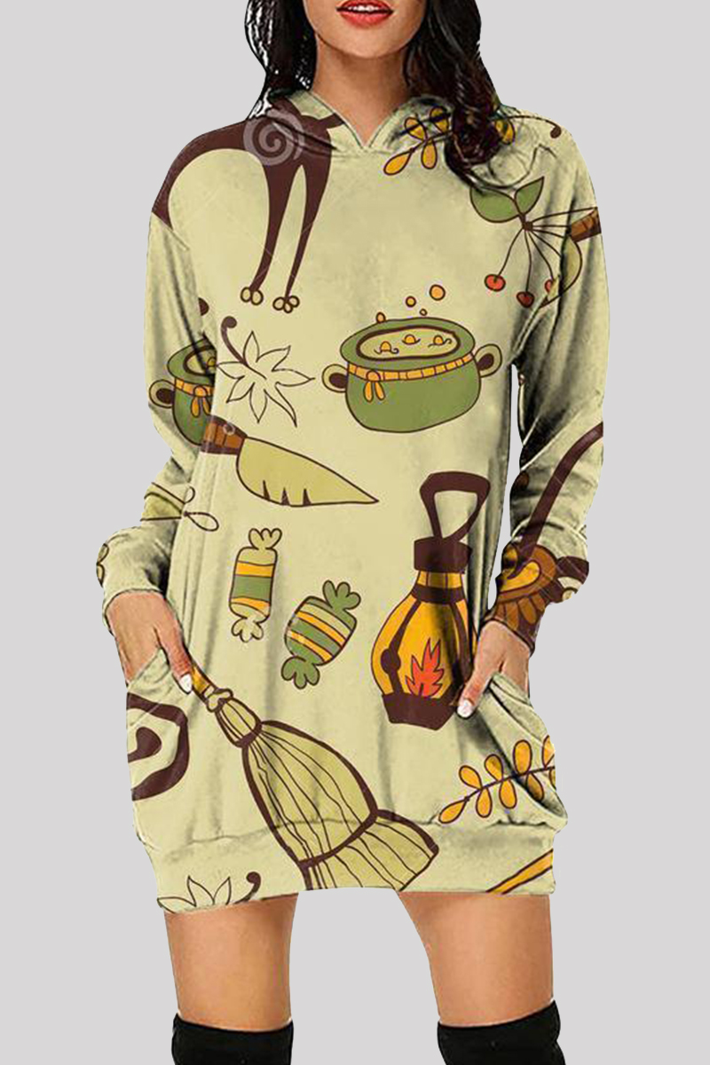 

Green Fashion Casual Print Basic Hooded Collar Long Sleeve Dresses