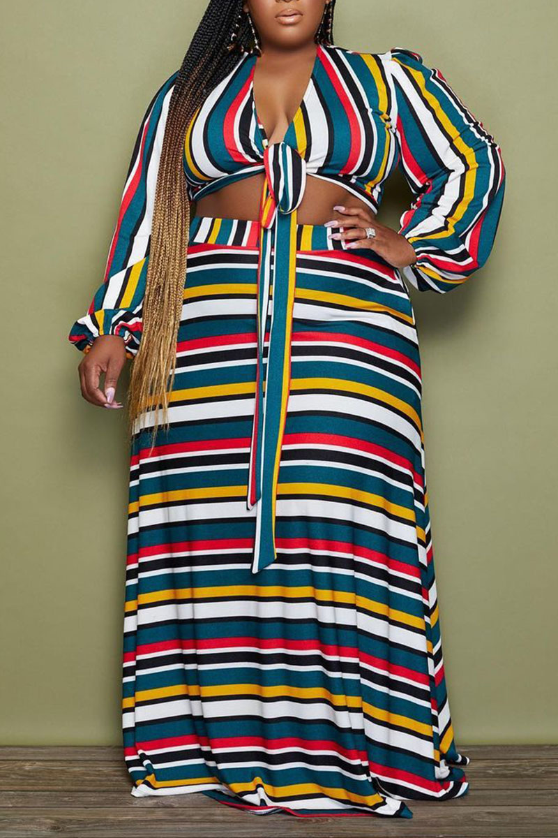 

Multi-color Casual Striped Print Bandage Split Joint V Neck Straight Plus Size Two Pieces