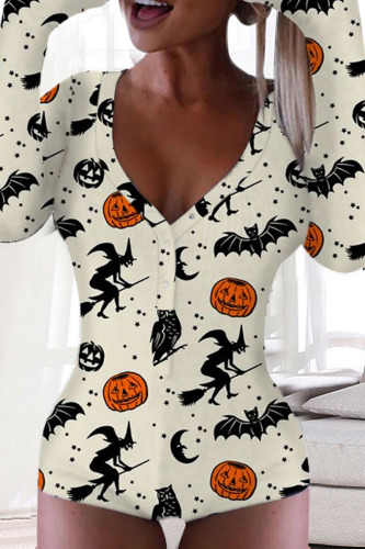Cream White Punk Print Patchwork V Neck Skinny Bodysuits