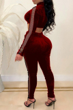 Burgundy Fashion Sexy Patchwork Hollowed Out See-through Zipper Collar Long Sleeve Jumpsuits (Without Belt Bag)
