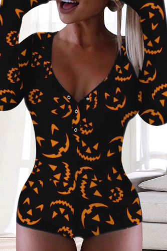 Black Punk Print Patchwork V Neck Skinny Bodysuits