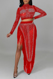 Red Sexy Solid Tassel Patchwork See-through Asymmetrical Hot Drill Half A Turtleneck Long Sleeve Two Pieces