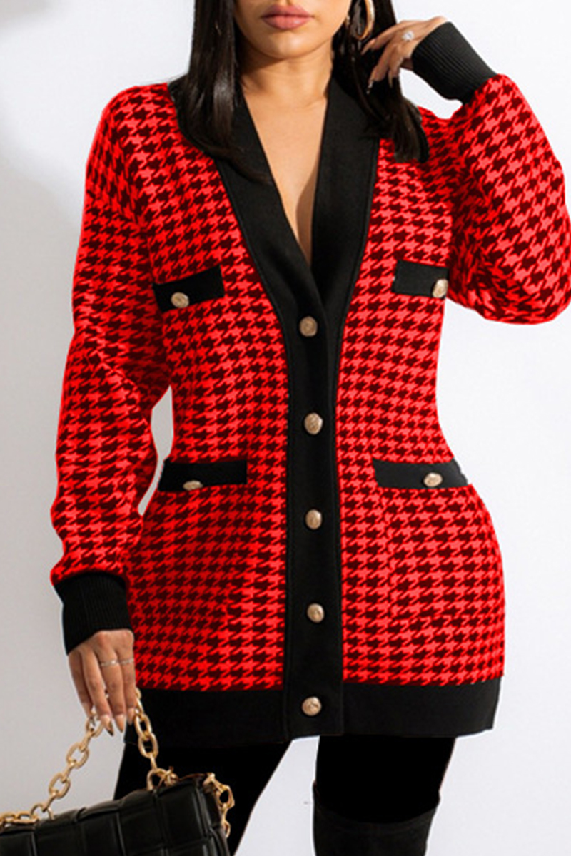 

Red Fashion Casual Print Split Joint Cardigan V Neck Outerwear