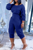 Blue Fashion Casual Solid Pocket Oblique Collar Regular Jumpsuits