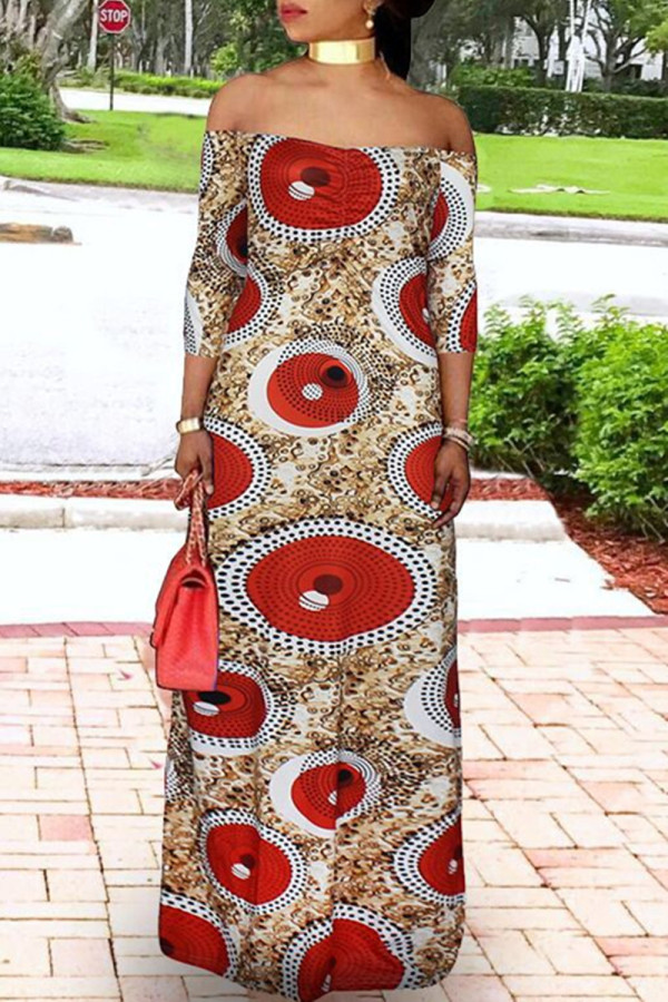 Red Fashion Casual Plus Size Print Basic Off the Shoulder Long Dress