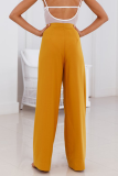 Yellow Casual Solid Patchwork Fold Straight Wide Leg Solid Color Bottoms