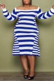 Blue Casual Elegant Striped Print Patchwork Off the Shoulder A Line Plus Size Dresses
