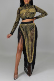 Black Sexy Solid Tassel Patchwork See-through Asymmetrical Hot Drill Half A Turtleneck Long Sleeve Two Pieces